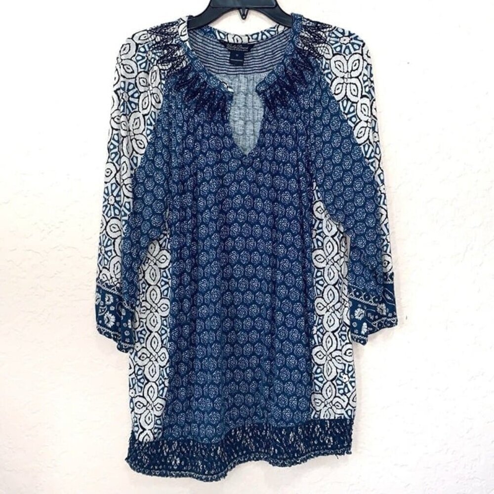 Lucky Brand Top Womens Plus 1X Blue Embroidered V-Neck 3/4 Sleeve Artsy Boho